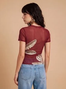 CAJUNI Chic Vacation Golden Palm Embroidery Mesh Top - Red - View 2