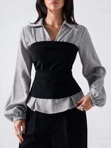 LYSMO Colorblock Patchwork Plaid Cinched Waist Shirt - Black - View 4