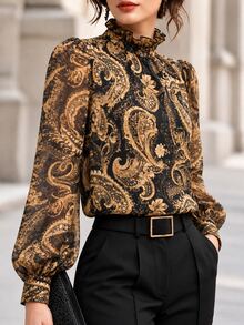 RosyDaze Women's Chiffon Blouse With Ruffle Neckline And Paisley Print, Suitable For Commuting, Dating And Party Occasions - Black - View 4