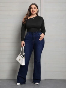 Flexra Festival Plus Size Women's Blue Stretch Sexy Tight Flare Jeans - Dark Wash - View 5