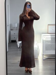 Aloruh Women Sweater Dresses,Autumn,Winter - Brown - View 1