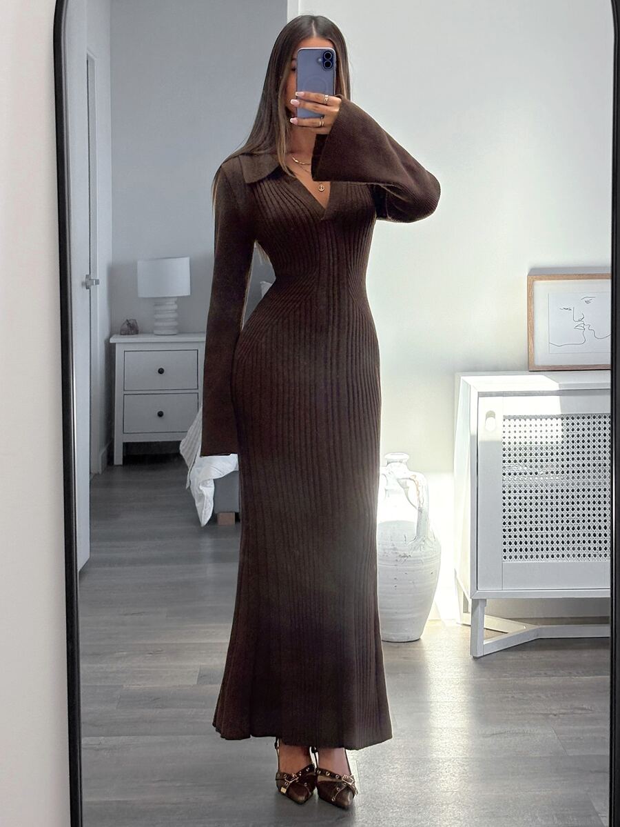 Aloruh Women Sweater Dresses,Autumn,Winter - Brown - View 1