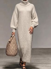 Breezaya Women's Solid Color High Neck Casual Daily Wear Knitted Dress - Grey - View 5