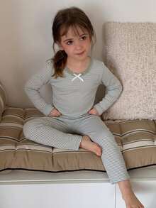 Hapijoa Young Girl Bow Decor Striped Long Sleeve Top And Pants Loungewear - Green - View 5