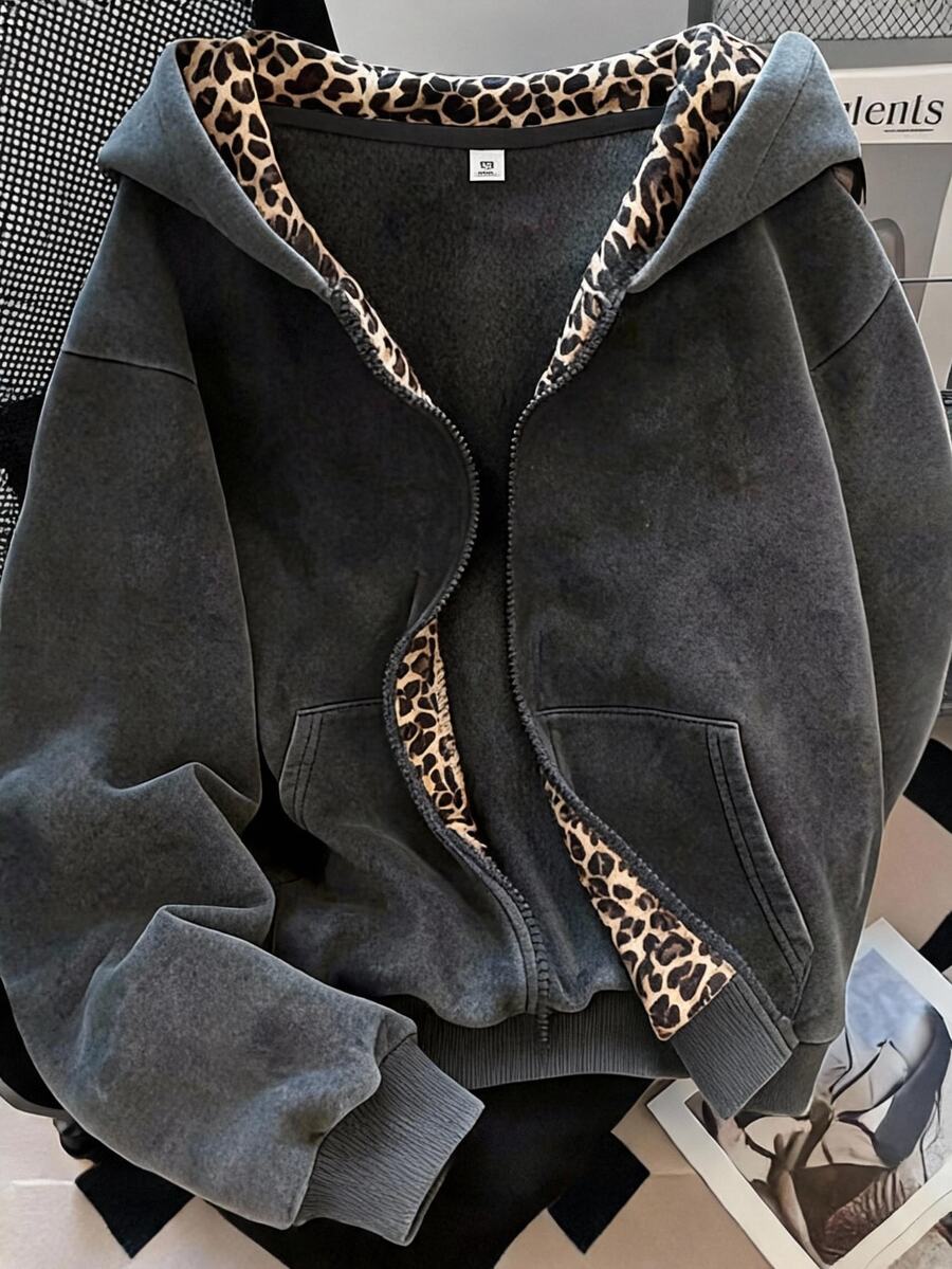 Girlism Tween Girl Tween Girls Sweatshirts Autumn/Winter Black Snow Leopard Print Casual Double Layer Design Hooded Open Front Sweatshirt Jacket - Black - View 1