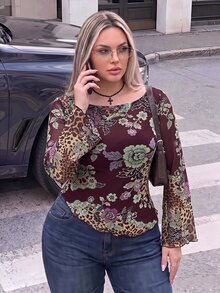 SHEIN ICON 大尺碼復古 Y2K 中式花卉印花喇叭袖不對稱下擺網眼針織上衣 秋季 - 酒紅色 - 查看 11