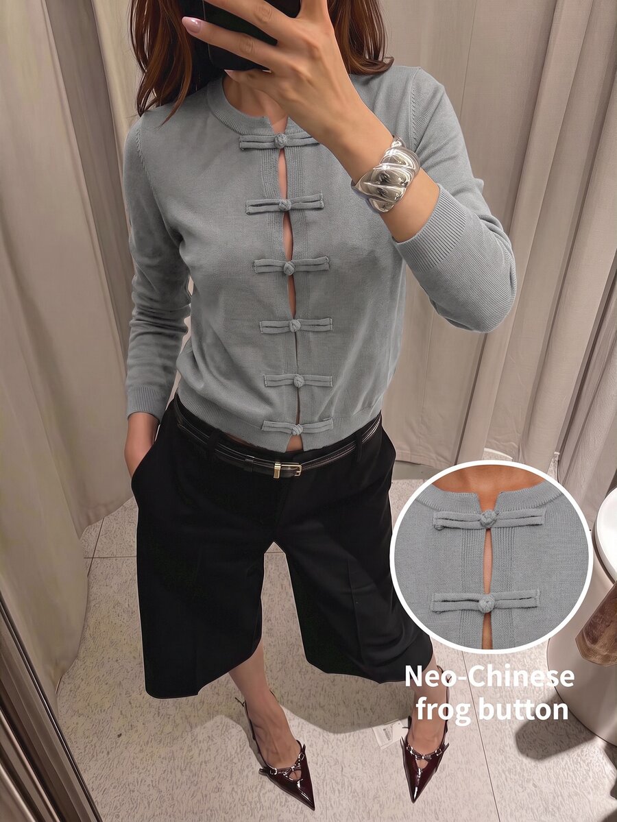 Maija Cardigan Wanita Lengan Panjang Warna Polos Kasual Retro Elegan dengan Kancing Depan Bentuk Katak, Warna Ungu Tua Musim Gugur untuk Sehari-hari - Grey - View 1