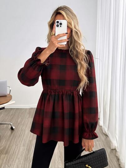 Easowa Cămașă de damă casual cu imprimeu pentru toamnă/iarnă, model în carouri negru și roșu de Crăciun, stil clasic elegant Old Money, pentru croazieră, ținută de invitat la nuntă, modă urbană modernă, pentru birou și afaceri, elegantă discretă premium, pentru navetă și aeroport