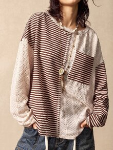 Bohemela 大尺碼春夏/秋冬休閒波西米亞風藍白條紋拼色拼接運動衫 秋季外出度假穿搭 - 棕色 - 查看 4