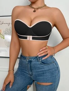 SHEIN 黑色鋼圈模杯聚攏無肩帶抹胸內衣，極簡日常女款內衣 - 黑色 - 查看 8