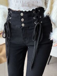 FRIFUL Women's Sexy Button Lace-Up Flared Jeans - Black - View 5