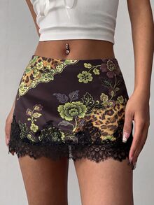 Aloruh 女款蕾絲拼接花卉圖案休閒日常迷你裙 - 彩色 - 查看 1