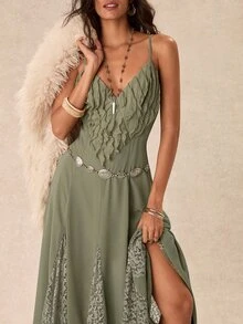 Easelle Women's Lace Patchwork Casual Party & Travel Dress - Green - View 2