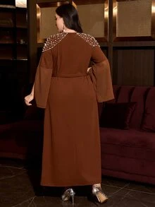 SHEIN Clasi Plus Size Elegant Casual Rhinestone Button V-Neck Dress Cocktail Dinner Brown - Brown - View 7