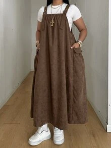 POPSWAY Plus Size Women's Casual Soft Form Commute Formal Office Utility White Pastel Overall Dress Autumn - Brown - View 4