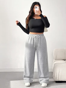 Comfortcana Plus Size Women Drawstring Waist Wide Leg Loose High Waisted Casual Sweatpants Graduation,Back To School Outfits,Graduation,Teacher For - Light Grey - View 11