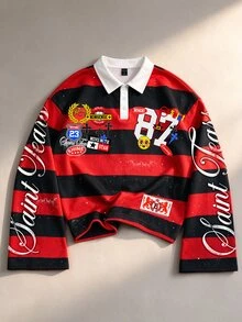 ROMWE MEN Prep 春季休閒男士條紋領印花長袖T恤，學院風休閒上衣，秋季 - 彩色 - 查看 3
