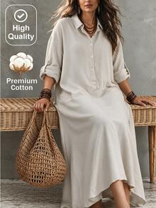 Linhara CURVE Autumn Plus Size Women Long Sleeve Shirt Casual Dress, Suitable For Daily Commute And Vacation - Apricot - View 1