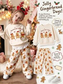 Baby Girl Gingerbread Man Print Crew Neck Sweatshirt And Wide Leg Pants Set Christmas - Multicolor - View 1
