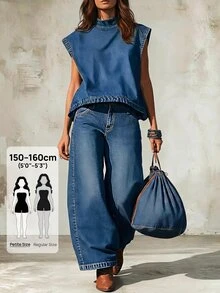 SHEIN PETITE 女款寬腿鬆垮休閒百搭牛仔褲，附口袋 - 藍色 - 查看 1