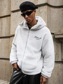 Major Grit 男士毛絨刺繡拉鍊連帽夾克 - 白色 - 查看 5