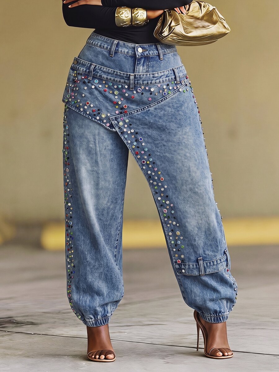 BriallanyX BriallanyX Plus Size Design Rhinestone Button Denim Jogger Pants - Blue - View 1