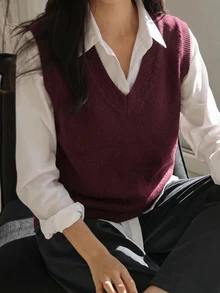 DAZY 女款素色休閒日常穿著針織背心 - 酒紅色 - 查看 1