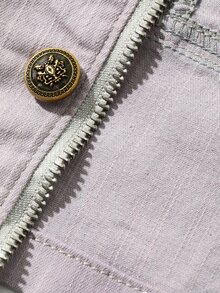 Livesso Women's Light Gray Washed Loose Fit Long Sleeve Cropped Denim Jacket With Collar, Buttons And Pocket Decor, Autumn - Light Grey - View 7