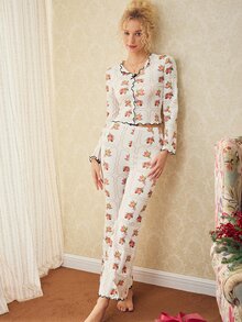 Elorette 2pcs Beige Full Body Floral & Polka Dot Print Frill Trim Romantic Sweet Women's Pajama Set - Beige - View 4