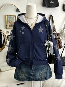 SHEIN 青少年女孩休閒數位印花星星圖案連帽夾克長袖拉鍊運動衫海軍藍外套口袋款秋冬外衣 - 藍色 - 查看 1