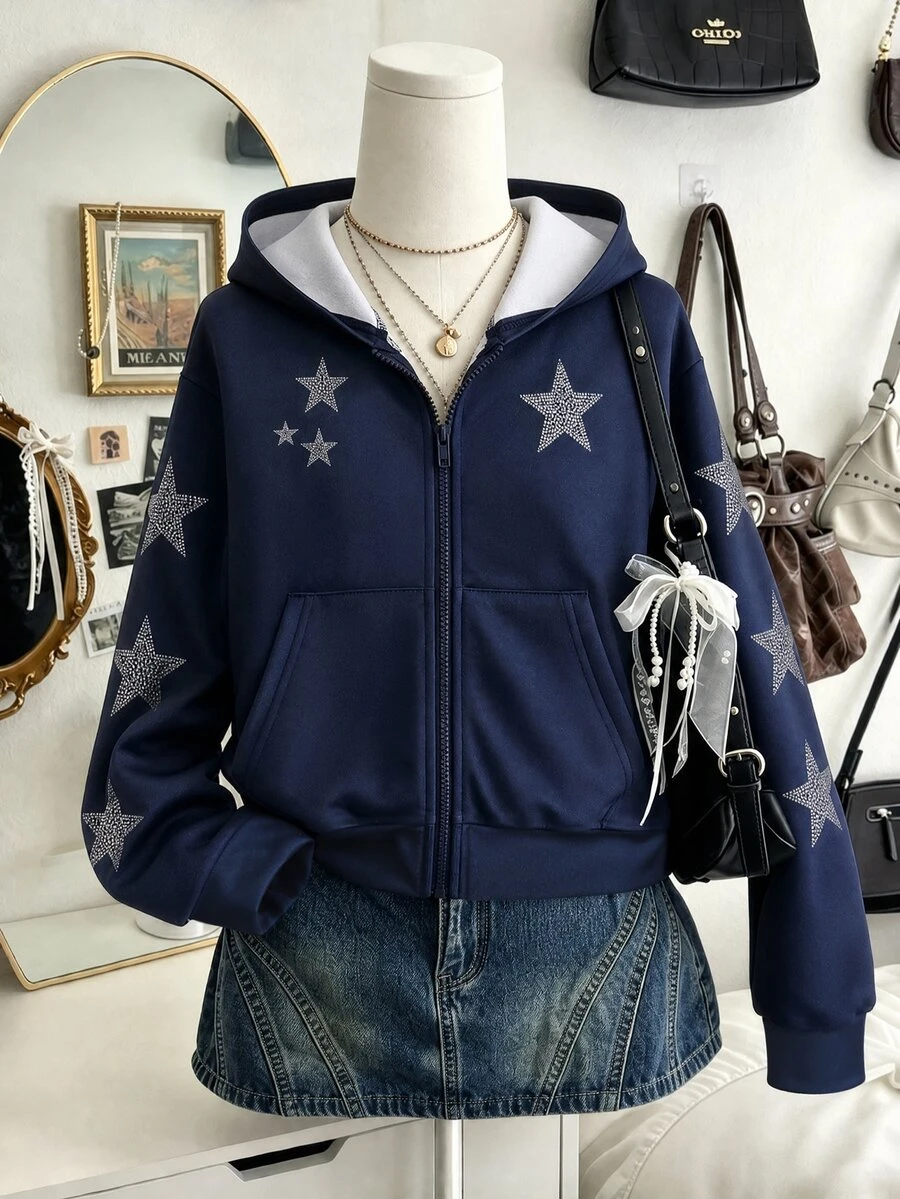 SHEIN 青少年女孩休閒數位印花星星圖案連帽夾克長袖拉鍊運動衫海軍藍外套口袋款秋冬外衣 - 藍色 - 查看 1