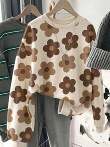 SHEIN LUNE 女款休閒圓領寬鬆衛衣，花卉印花，秋冬女裝 - 白色 - 查看 1