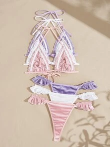 Lullawish Women's Solid Color Ruched Halter Tie Bra And Thong Lingerie Set - Multicolor - View 2