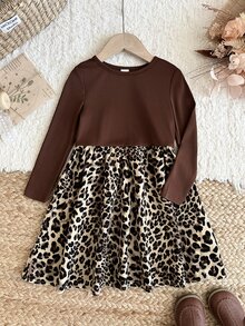 Young Girl Young Girl Knitted Solid Color Round Neck Patchwork Woven Leopard Print Hem Casual Dress - Red - View 3