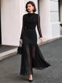 Editum Women's Solid Color Stand Collar Long Sleeve Ruched Elegant Sexy Mermaid Dress Night Cocktail Black Winter/Fall Christmas - Black - View 7