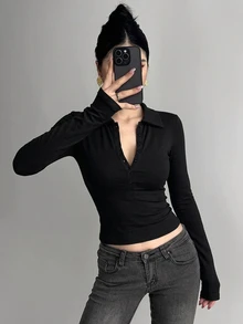 DAZY Solid Color Slim Fit Polo Collar Long Sleeve Casual Everyday Versatile Women's T-Shirt - Black - View 2