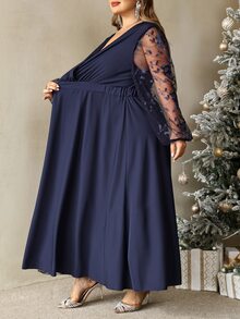 SHEIN CURVE+ Plus Size Women's Fall Patchwork Embroidered Meshv V-Neck Elegant Autumn Wedding Formal Navy Dress - Navy Blue - View 4