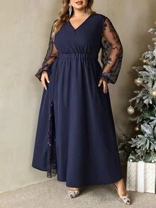 SHEIN CURVE+ Plus Size Women's Fall Patchwork Embroidered Meshv V-Neck Elegant Autumn Wedding Formal Navy Dress - Navy Blue - View 7