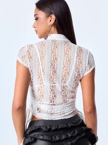 Y2Kool Women's White Lace Short Sleeve Top, New Chinese Style Frog Button Stand Collar, Slim Fit Flattering, French Vintage Sweet Style, Suitable For Dating, Commuting, Vacation, Party Wear - White - View 2