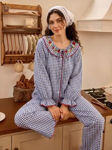 Tulorae French Plaid Women's Pajama Set, Casual Loose Long Sleeve Long Pants Loungewear For Spring And Autumn - Multicolor - View 5