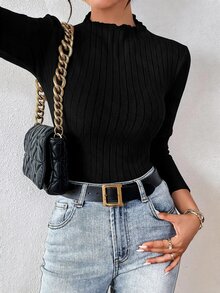 SHEIN Frenchy 女款 93% 棉羅紋 2 件組 黑/藍長袖基礎 T 恤－居家休閒/通勤/旅行/四季皆宜 - 黑色 - 查看 7