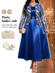 Fleurora Bộ 2 món váy và áo cardigan màu trơn phong cách thường ngày cho nữ - Màu xanh lam - Xem 6