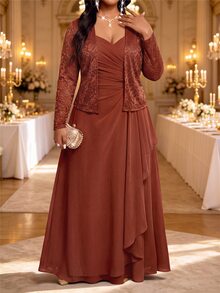 Fleurora Plus Size Versatile Ruched Spaghetti Strap Dress With Lace Cardigan 2 Pieces Set - Coral Orange - View 7