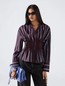 LYSMO Women's Dark Purple Cinched Waist Pleated Design Fashion Casual Smart Casual Elegant Shirt Office Brunch - Brown - View 5