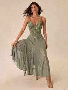 Easelle Women's Lace Patchwork Casual Party & Travel Dress - Green - View 1