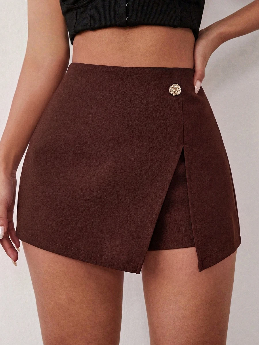 SHEIN SXY تنورة قصيرة نسائية بلون موحد كاجوال متعددة الاستخدامات للاستخدام اليومي - قهوة بني - مشاهدة 1