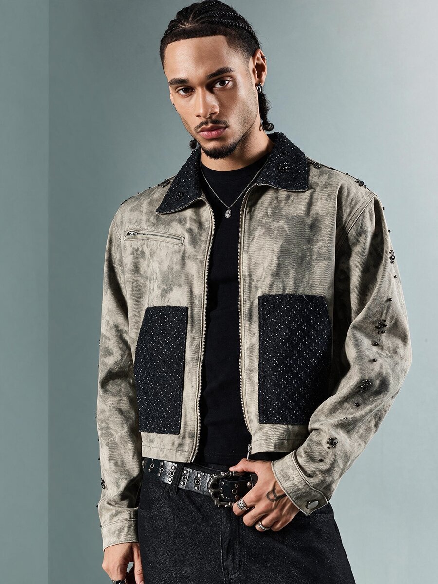 ROMWE MEN Men's Camouflage Pattern Long Sleeve Zipper Front Denim Jacket - Grey - View 1
