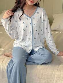 Dazy Kids Tween Girl) Long Sleeve T-Shirt Floral Contrast V-Neck Loose Basic Top + Pants 2 Pieces Set, Casual Home Wear For Autumn - Baby Blue - View 1