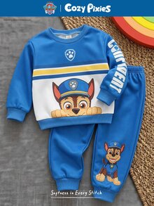 Cozy Pixies | PAW Patrol 小男孩 Paw Patrol 秋/冬款可愛動物圖案印花卡通連帽衫與運動衫套裝，長袖運動衫與運動長褲，兒童藍色舒適款 - 藍色 - 查看 1