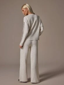 SHEIN طقم كنزة ناعمة بأكمام طويلة مطرزة بالنجوم مع دانتيل وغرزة وبنطال كنزة 2 قطعة متناسق - لون مشمشي - مشاهدة 2